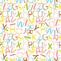 Seamless pattern, continuous letters, english alphabet, multicolored symbols